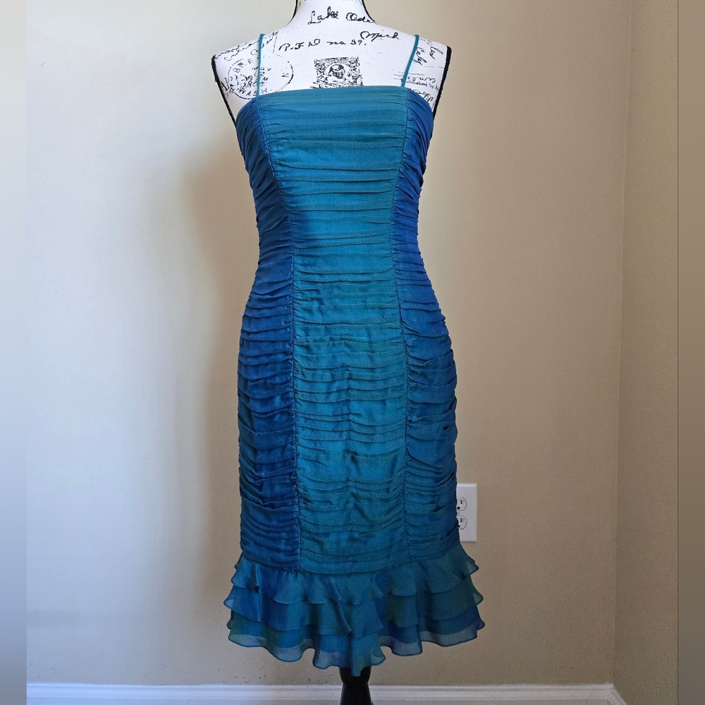 Tadashi Shoji 100% Silk Teal Blue Ruched Ruffled Mini Dress